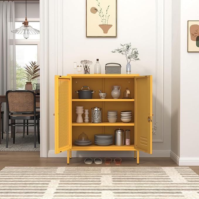 33" Metal Storage Cabinet with 2 Tier Removable Shelves Yellow Lockable Metal Bathroom Vanity Freestanding Sideboard with Mesh Doors for Home Living Room Bedroom Size：33" H X 29.5" W X 13.8" D