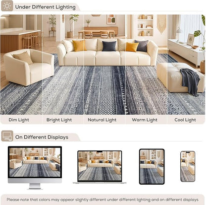 6x8 Area Rugs Living Room: Washable Boho Large Neutral Soft Rug Modern Stain Resistant Moroccan Indoor Non Slip Floor Carpet for Bedroom Nursery Kids Playroom Office Dining Room Dorm- Blue