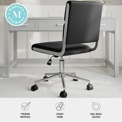 Martha Stewart Lulu Swivel Task Chair with Height Adjustable Seat for Home Office in Black Faux Leather with Polished Nickel Frame