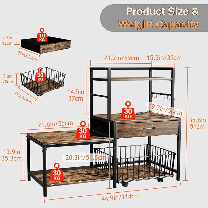 Saudism 3D Printer Stand with Storage Drawer and Rolling Filament Basket, Industrial Printer Table with Open Shelves and Hooks, Sturdy Metal Workstation for 3D Printing Tools and Accessories (Brown)