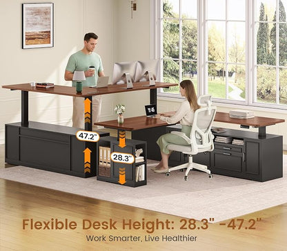 SEDETA Farmhouse L Shaped Electric Standing Desk, 69" x 55" Height Adjustable Office Executive Desk with 4 Drawers and Storage Shelves, Sit Stand Computer Desk with Power Outlet, Black and Brown
