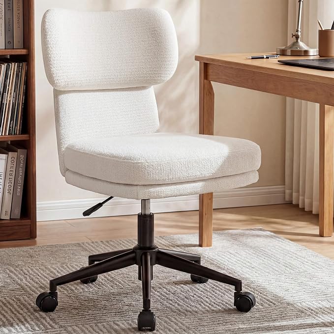 COMHOMA Home Office Desk Chairs with Ergonomic Curved Backrest, Mid Century Modern Vanity Chair with Wheel for Bedroom, Chenille Upholstered, White
