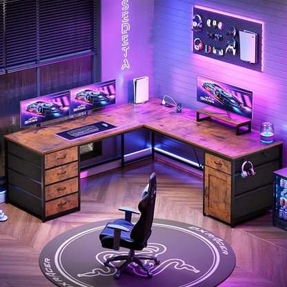 SEDETA L Shaped Desk, 63'' Corner Desk with 5 Drawer & Power Outlet, Larger Home Office Desk or Gaming Desk, L Shaped Corner Desk with Monitor Shelf, Storage Cabinet, Rustic Brown