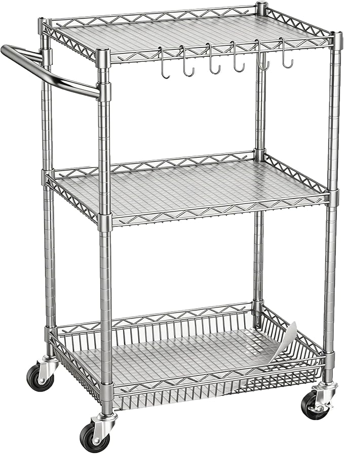 3 Tier Rolling Utility Metal Carts with Wheels Heavy Duty Storage Cart 750Lbs Capacity Adjustable Kitchen Cart with Handle & Shelf Liner Commercial Service Trolley for Indoor & Outdoor Use