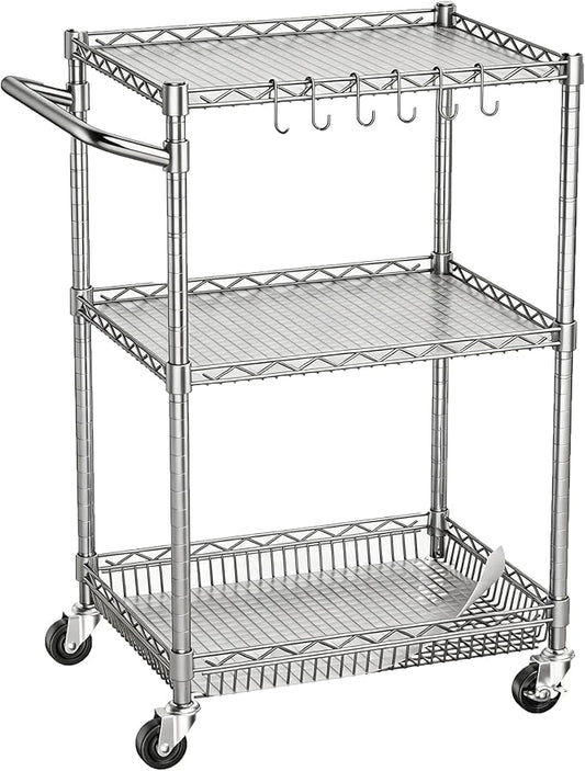 3 Tier Rolling Utility Metal Carts with Wheels Heavy Duty Storage Cart 750Lbs Capacity Adjustable Kitchen Cart with Handle & Shelf Liner Commercial Service Trolley for Indoor & Outdoor Use