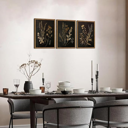 Framed Dark Botanical Wall Art Set of 3, Black Moody Floral Wall Decor Paintings, Dark Academia Decor, Vintage Flower Artwork Prints Pictures for Living Room Bedroom Bathroom 16x24 Inch