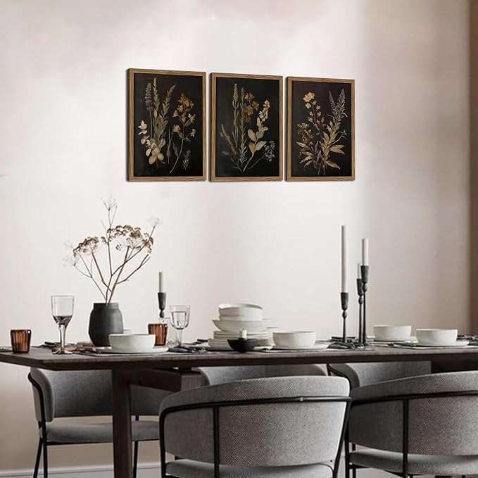 Framed Dark Botanical Wall Art Set of 3, Black Moody Floral Wall Decor Paintings, Dark Academia Decor, Vintage Flower Artwork Prints Pictures for Living Room Bedroom Bathroom 12x16 Inch