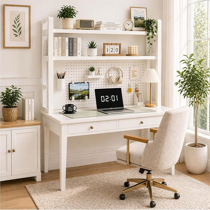Lefedrasticity Desktop Bookshelf Organizer with Pegboard 3 Tier Desk Hutch Dorm Heavy-Duty Desk Shelf Organizer for Computer Desktop Organizer Shelf for Office Dorm Room Gaming Desks (White, 37.4" L)