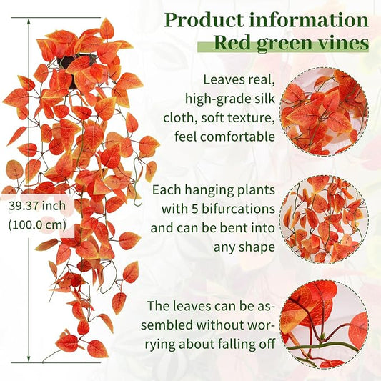 Fake Fall Plants Hanging Faux Orange Vines Artificial Potted Pothos Plant- Fall Decorations Autumn Decor for Thanksgiving Bathroom Wall Kitchen Room Decor Indoor and Outdoor (Black Pot)