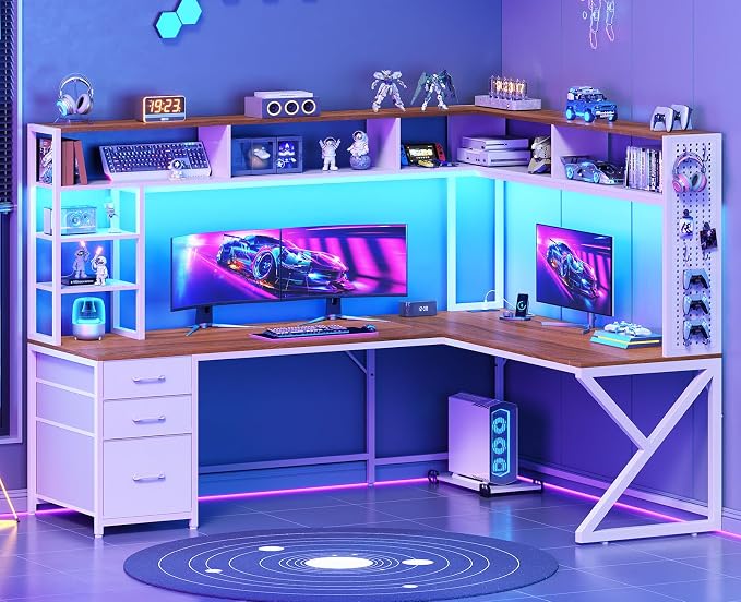 SEDETA L Shaped Gaming Desk with Storage Drawers and Hutch, Convertible 94.5" Computer Desk with Drawers, Corner Computer Desk with Power Outlet, LED Lights, Pegboard for Home Office, White and Brown