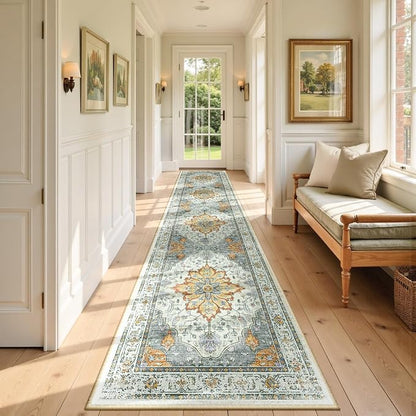RELEANY Area Rugs Runner 2'6"x12' Washable Non-Slip, Floral Vintage Distress Medallion Carpet for Kitchen Hallway Bedroom Beside Laundry Room Bathroom, Beige Carbon Grey Orange