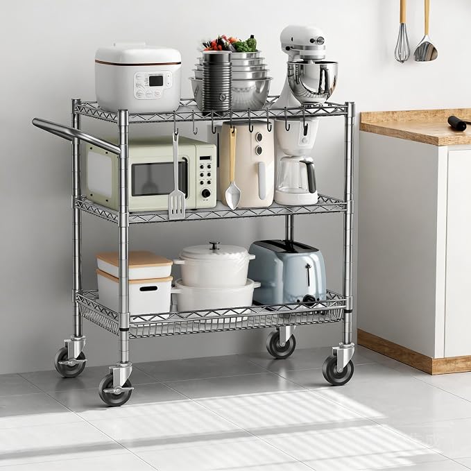 Rolling Utility Metal Carts with Wheels Heavy Duty 1050Lbs Commercial Grade 3 Tier Wire Serving Cart with Handle Bar & Shelf Liner, Storage Trolley for Kitchen Laundry Garage,Gray