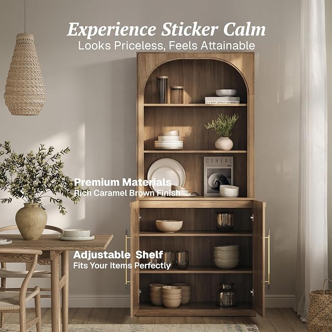 BELLEZE Tall Arched Storage Cabinet with Hutch,Modern Bookcase with Drawers,Freestanding Display Shelf with Fluted Design,Wood Highboard for Living Room,Kitchen Pantry,Home Office - Camel