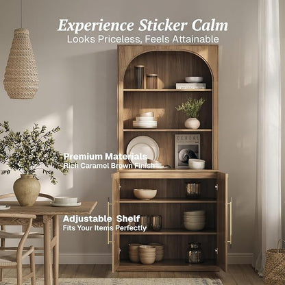 BELLEZE Tall Arched Storage Cabinet with Hutch,Modern Bookcase with Drawers,Freestanding Display Shelf with Fluted Design,Wood Highboard for Living Room,Kitchen Pantry,Home Office - Camel