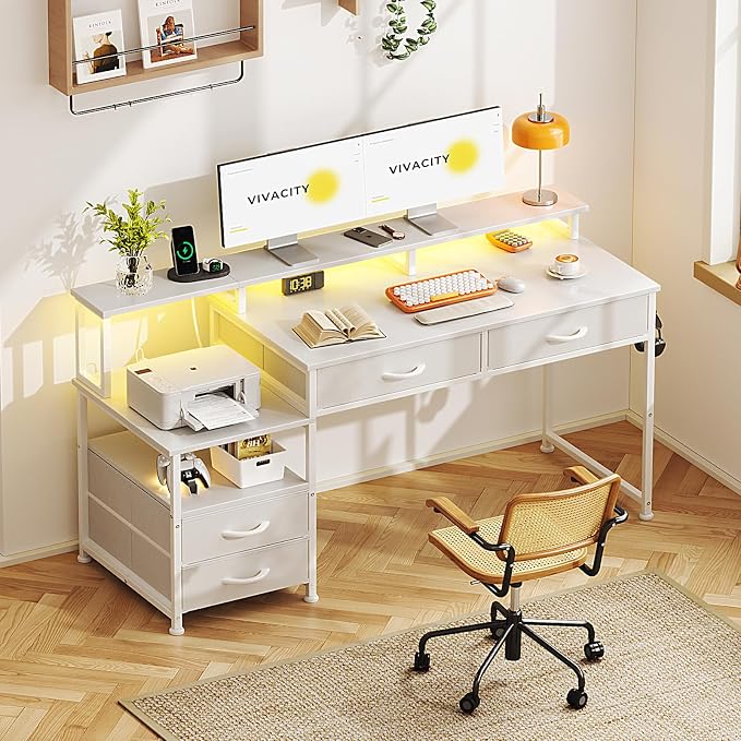 MUTUN 53" Computer Desk with 4 Drawers & Power Outlets, Reversible Home Office Desk with Monitor Stand & Printer Stand, Gaming Desk with Led Lights, Study Writing Work Desk Table for Bedroom (White)