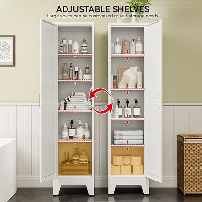 COFaR 67" Tall Bathroom Storage Cabinet, White Metal Storage Cabinet with Magnetic Door & 4 Adjustable Shelves, Slim Freestanding Cupboard for Kitchen, Bathroom, Living Room