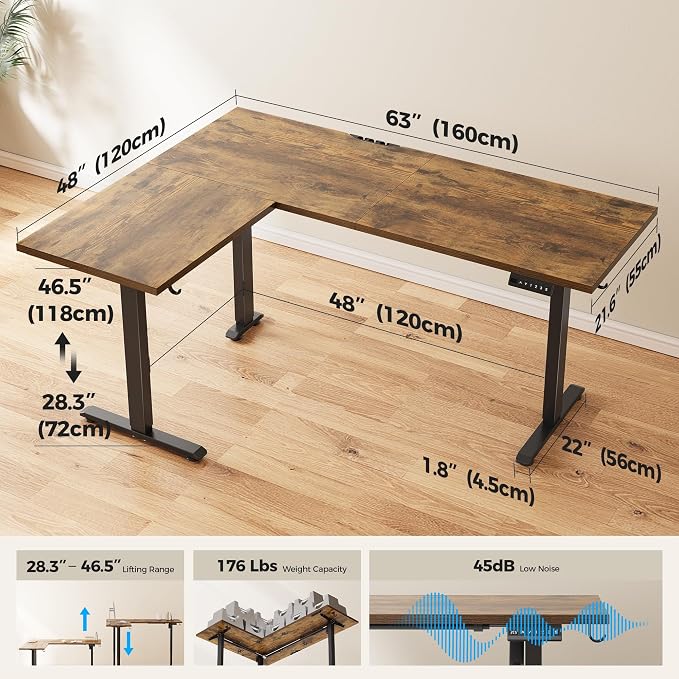 Agilestic L Shaped Standing Desk 63 inch Adjustable Height, Electric Corner Standing Desk, Sit Stand Computer Table with Splice Board, Rustic Brown