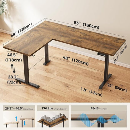 Agilestic L Shaped Standing Desk 63 inch Adjustable Height, Electric Corner Standing Desk, Sit Stand Computer Table with Splice Board, Rustic Brown