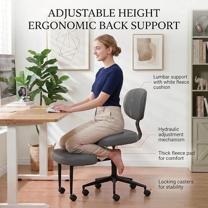 Cross Legged Office Chair with Wheels, 360 Swivel Height-Adjustable Meditation Chair with Lumbar Support, PU Leather, Gray