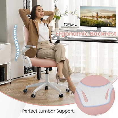 COSTWAY Office Chair, Comfy Swivel Rolling Desk Chair with Adjustable Height & Flip-Up Armrests, Ergonomic Mesh Computer Chairs with Lumbar Support for Working & Gaming, Pink