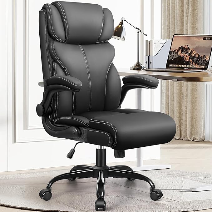 HeroSet Office Chair, Ergonomic Big and Tall Computer Desk Chairs, Executive Breathable Leather Chair with Adjustable Flip-up Armrests, Lumbar Support Swivel PC Chair with Rocking Function,Matte Black