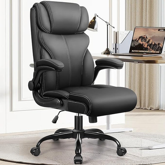 HeroSet Office Chair, Ergonomic Big and Tall Computer Desk Chairs, Executive Breathable Leather Chair with Adjustable Flip-up Armrests, Lumbar Support Swivel PC Chair with Rocking Function,Matte Black