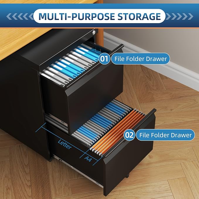 2 Drawer Mobile File Cabinet with Lock, Metal Small Filing Cabinets for Home Office Organizer,Rolling Filing Cabinets Under Desk Storage for Letter/Legal/A4,Assembly Required,Black