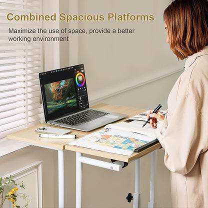 VECELO Mobile Small Standing Desk Adjustable Height, Computer Workstations with Tiltable Tabletop, Lockable Wheels, Portable Rolling Laptop Desk for Home Office, Oak