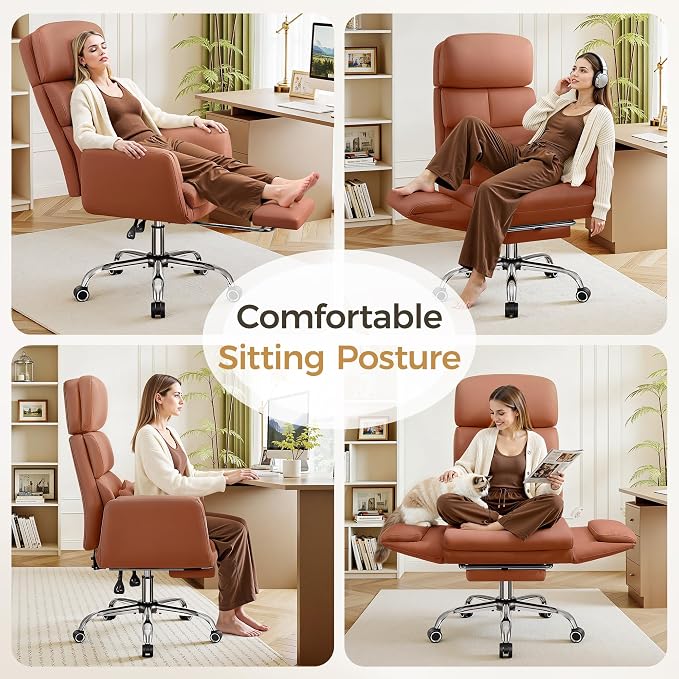 Big and Tall Office Chair 500LBS, Ergonomic High Back Leather Executive Chair, Reclining Swivel with Adjustable Armrests Lumbar Support Footrest, Cross Legged, Brown