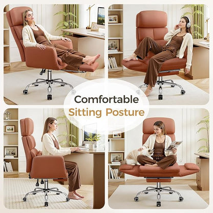 Big and Tall Office Chair 500LBS, Ergonomic High Back Leather Executive Chair, Reclining Swivel with Adjustable Armrests Lumbar Support Footrest, Cross Legged, Brown