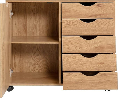 Naomi Home Under Desk Rolling Office File Cabinet with 5 Drawers & Side Storage Cabinet, Mobile Organizer with Shelves & Swivel Casters for Home Office - Natural