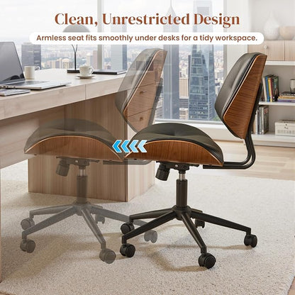 Home Office Desk Chair with Wheels, Adjustable Height Armless Desk Chairs, PU Leather Mid Back 360° Small Computer Chair for Study Meeting Makeup Room (Black)
