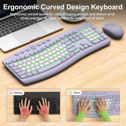 Wireless Keyboard and Mouse Combo, 2.4G Full Size Quiet Ergonomic Curved Keyboard for Natural Typing, 3-Level DPI Adjustable Silent Mouse for Windows, Mac OS, Desktop/Office and Home (Purple-B)
