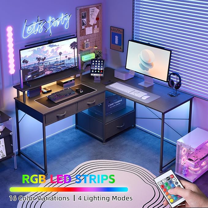 L Shaped Computer Desk, 78.7" Reversible Home Office Desk with Printer Storage Shelf & 3 Fabric Drawers, Two Person Desk with LED Lights & Power Outlet, Corner Gaming Desk with Monitor Shelf, Black