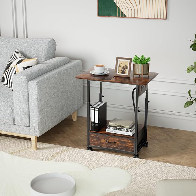 DALEMHOME Printer Stand with Charging Station, 2-Tier Height Adjustable Printer Table with Power Outlets Ports, Mobile Printer Cart with Fabric Drawer & Lockable Wheels, for Home Office, Rustic Brown