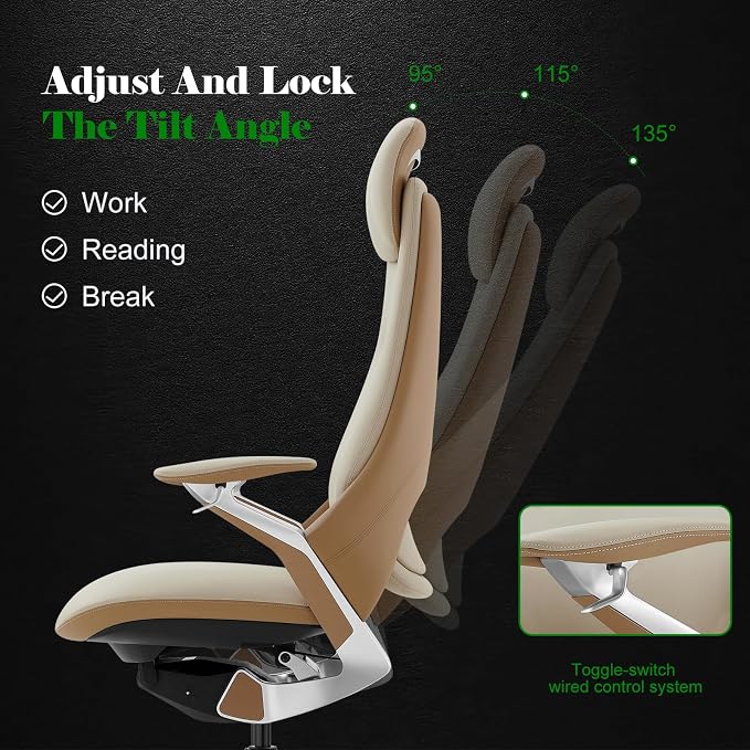 Ergonomic Executive Leather Office Chair-High Back Top Grain Leather with Adjustable Headrest, 3-Position Recline (90°-135°), Tension Control & Height Adjustment, Italian DONATI Base