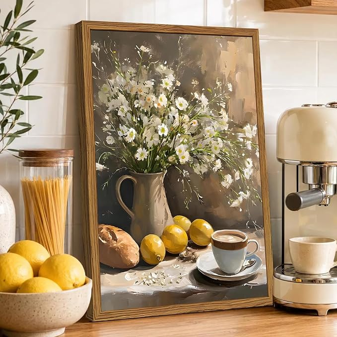 Framed Vintage Kitchen Wall Art, Rustic Floral Lemon Pictures Wall Decor, Cottagecore Coffee Bread Still Life Paintings Canvas Prints Farmhouse Home Decor for Dining Room Living Room 12x16 inch