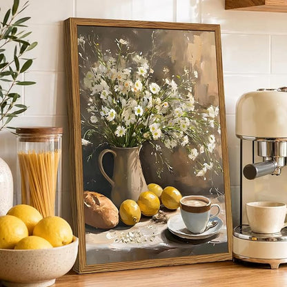Framed Vintage Kitchen Wall Art, Rustic Floral Lemon Pictures Wall Decor, Cottagecore Coffee Bread Still Life Paintings Canvas Prints Farmhouse Home Decor for Dining Room Living Room 12x16 inch