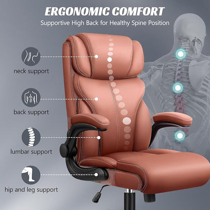 HeroSet Office Chair, Ergonomic Big and Tall Computer Desk Chairs, Executive Breathable Leather Chair with Adjustable Flip-up Armrests, Lumbar Support Swivel PC Chair with Rocking Function,Matte Brown