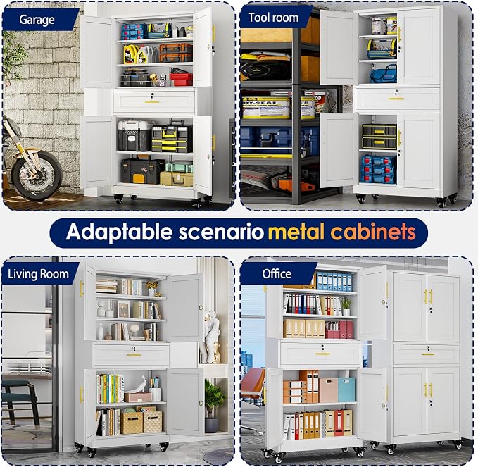 erosoei 75" H Metal Garage Storage Cabinet, Rolling Tool Cabinet | with 2 Doors and Wheels, Locker Steel Cabinet with 4 Adjustable Shelves and Drawer, Organization Cabinet for Garage,Home,Gym