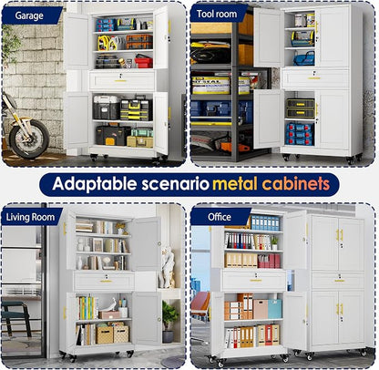 erosoei 75" H Metal Garage Storage Cabinet, Rolling Tool Cabinet | with 2 Doors and Wheels, Locker Steel Cabinet with 4 Adjustable Shelves and Drawer, Organization Cabinet for Garage,Home,Gym