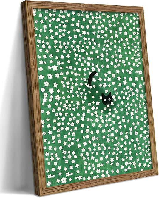 Framed Floral Black Cat Canvas Wall Art, Cute Black Cat in Daisy Field Painting, Animal Poster Print, Modern Home Aesthetic Wall Decor, Flowers Canvas Artwork for Bedroom Living Room 12x16 inch