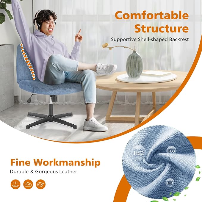 Sweetcrispy Criss Cross Chair Legged, Armless Office Swivel Desk Chairs No Wheels, Vanity Height Adjustable Wide Seat Comfy Cute Computer Task Seating for Home Bedroom,Blue
