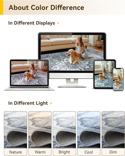 RELEANY Area Rugs Large 10'x14' Washable Non-Slip, Floral Vintage Distress Medallion Carpet for Living Room Bedroom Dining Room, Light Gray Grey White