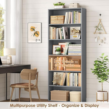 FOTOSOK 6-Tier Open Bookcase and Bookshelf, Freestanding Display Storage Shelves Tall Bookcase for Bedroom, Living Room and Office, Dark Gray