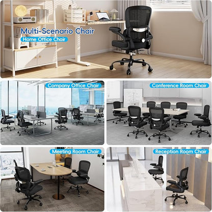 TRALT Ergonomic Office Chair - Desk Chair with Adjustable Lumbar Support Computer Chair - Mesh Comfy Chair with Flip-up Armrests - Gaming Chairs for Adults Home Office (Leather, Black)