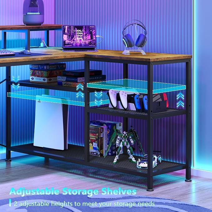 YOMILUVE L Shaped Gaming Desk with Drawers & Storage Shelves, Corner Gaming Desk with Power Outlets & LED Light, Reversible Computer Desk with Monitor Stand & Hooks, Rustic Brown