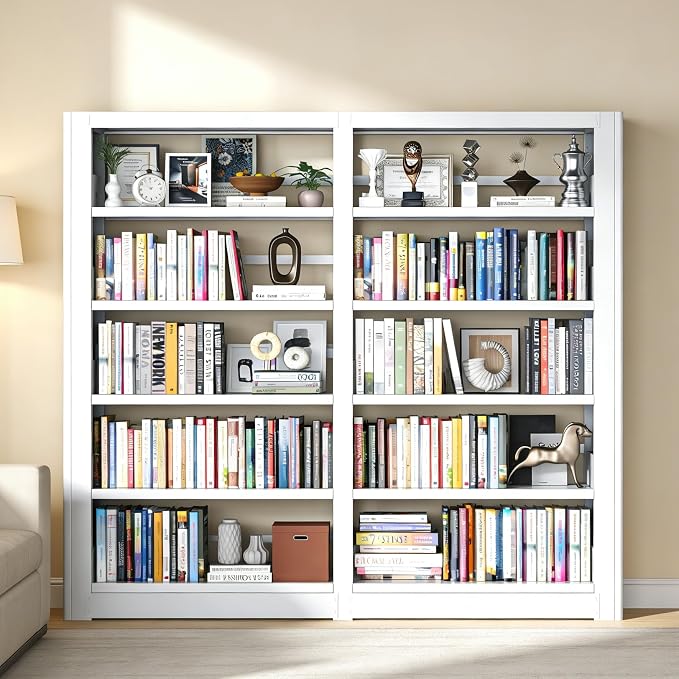 VASAAOSD Bookshelf, Heavy Duty Metal Book Shelf, Tall White Bookshelves with Adjustable Shelves, 280lbs Shelf Capacity, Large Office Bookcase, Display Book Organizer for Living Room Library - 1+1 Set