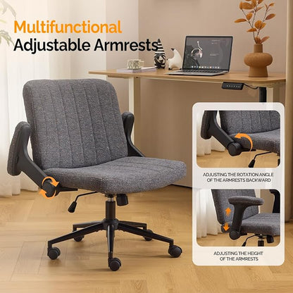 VINGLI Criss Cross Chair with Adjustable Flip-Up Arms,Cross Legged Chair with Wheels,Extra Wide Office Chair,Desk Chair for Home Office,Vanity,Bedroom, Apartment,Starry Chenille,Dark Grey