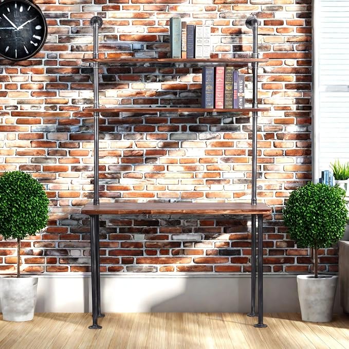 Industrial Style Office Decor,Computer Desk 47.2"×20"×79" with 2-Tier Storage Pipe Shelves,Bookshelf Laptop Desk,Studying Writing Table Workstation with Hutch for Home Ofiice